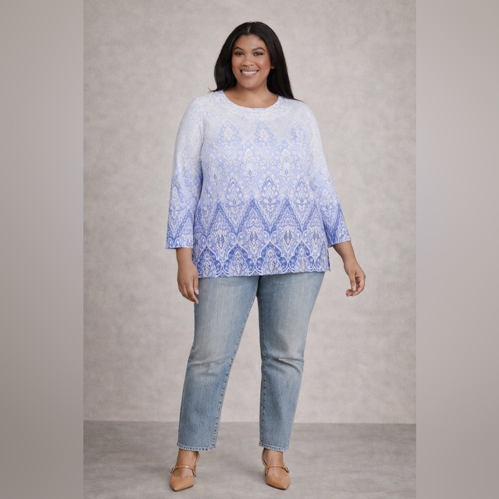 Alfred Dunner Women’s 3X Plus Blue Paisley Long Sleeve Scoop Neck Knit Top
